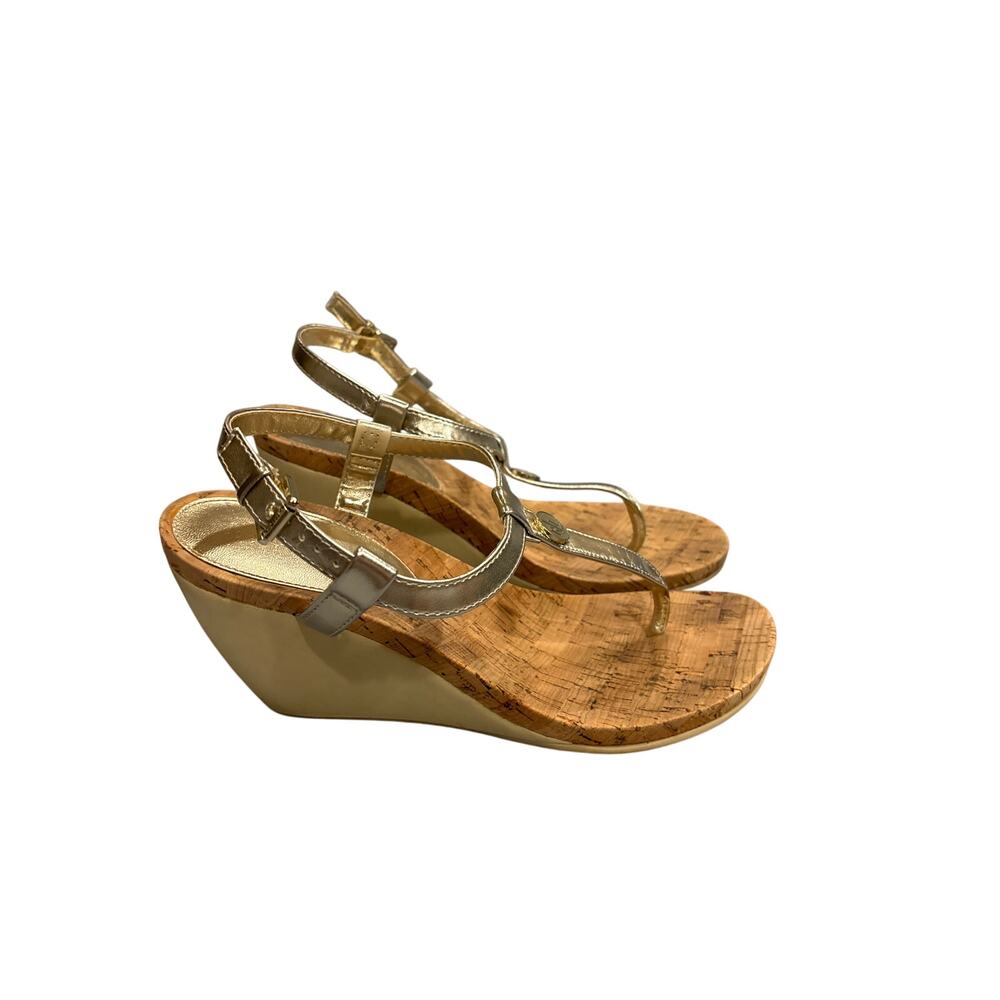 Lauren Ralph Lauren Reeta Women's Size 8.5 Platino T-Strap Wedge Heels Sandals‎